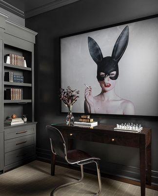 Custom Murphy Bed & Shelf Design. Tyler Shields Bunny print custom size. Paint, furniture and styling all done by EGI.