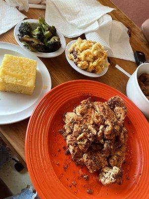 Grilled Chicken, Grill Broccoli, Macaroni & Cheese, Cornbread