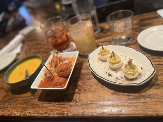 butternut squash soup, Spanish Meatballs "Al Jerez", Deviled Egg with Crispy Serrano Ham