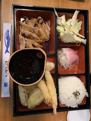 Bento box with 3 slices of melt in your mouth hamachi, shrimp/vegetable tempura, gyoza, rice, salad, miso soup