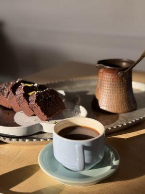 Turkish coffee, chocolate pistachio cake.