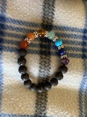 7.5 inch bracelet with 10 mm lava beads, spacers and multi colored 10 mm beads