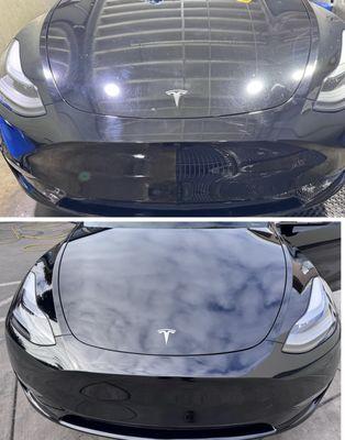 Before and after on the hood after clearcoat correction package