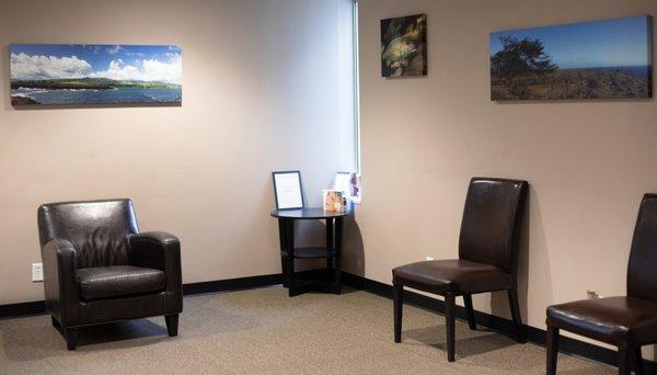 Chairs spaced out in the waiting room to help with social distancing.