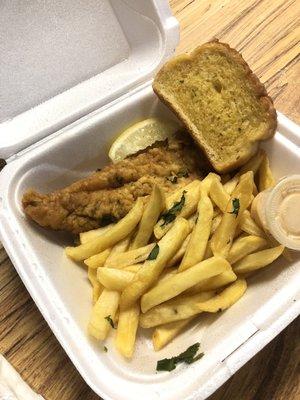 Fried bossa with garlic bread and french fries. The basa was delicious. The garlic bread wasn't toasty