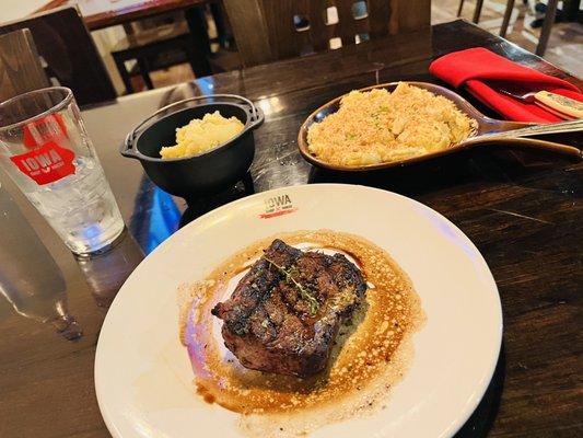 8 oz Sirloin Steak, Macaroni and Cheese, and Garlic Mashed Potatoes.