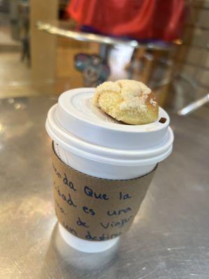 Hot chocolate with a concha on top! Personalized handwritten quotes on the coffee holder