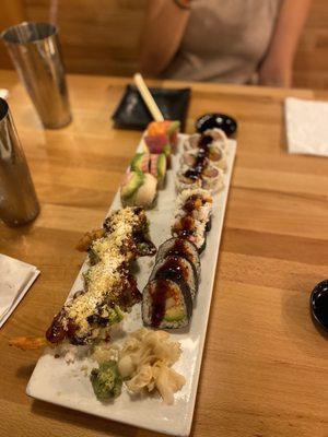 Rainbow, Golden Dragon Roll, Shrimp Tempura Roll, and Yellow Tail Roll