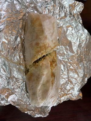 Breakfast Burrito #3 with Chirizo, jalopeno peppers, pepper jack cheese, and potatoes.