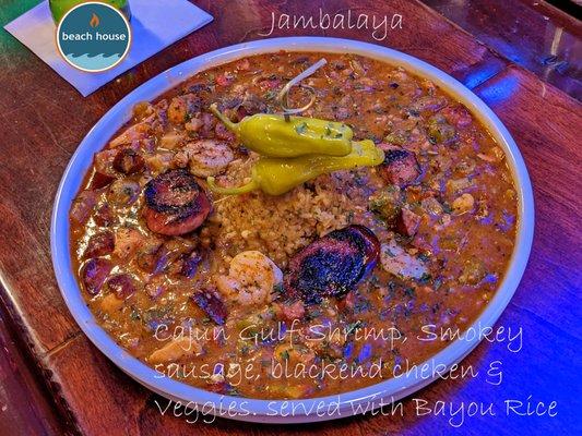 Jambalaya - Cajun Gulf Shrimp, smokey sausage, blackened chicken & veggies, bayou rice. 
 I.G @kim.d.west