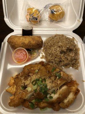 Almond boneless chicken, fried rice, and egg roll (plus 2 fortune cookies).