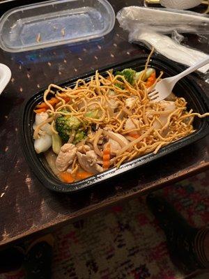 Chicken water and fried noodles.