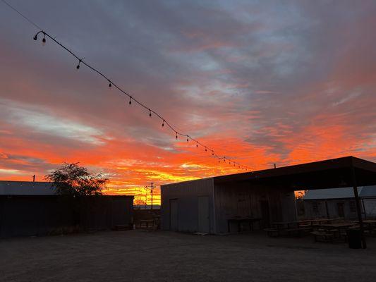 Morning sunrise outside the shop