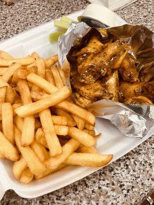 Honey Lemon-pepper wings and fries!