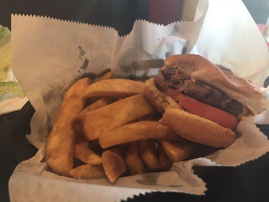 Cheese burger basket with steak fries