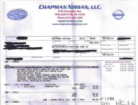 Ripoff!! Charged me $446 to repair Camshaft sensor when Firestone would charge only $125 and Oneal Nissan only $99!! Avoid them!