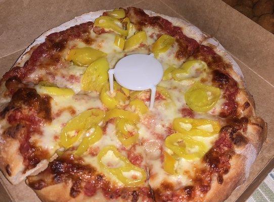 Small cheese pizza with banana peppers