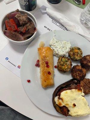 Lamb Stew, Phyllo Wrapped Feta with Honey, Thyme, and Pomegranite, Zucchini Courgette, Lamb Meatballs, and Stuffed Eggplant