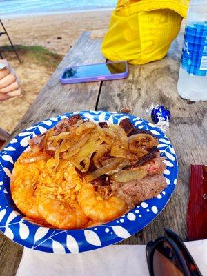 Garlic shrimp, and steak