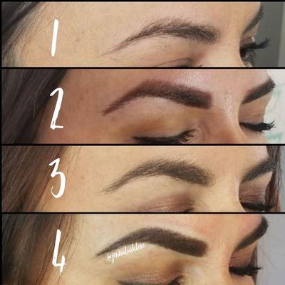 Beautiful powder brow. Top photo is before the procedure. Second is right after. Third, healed at 8 weeks. Last, after second session.