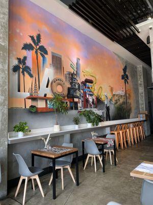 Cool mural adds to the ambiance of the space