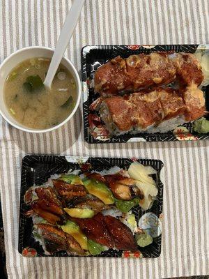 Miso soup, dragon roll, hot roll