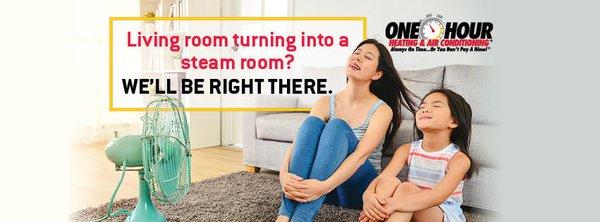 Mother and daughter sitting on the floor in front of a fan that is blowing their hair with the overlay text of Living room tu...