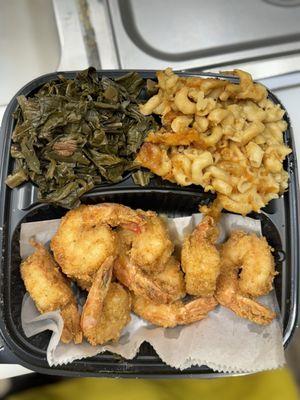 Collard greens and macaroni and cheese with shrimp.