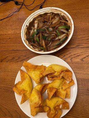 Crab Rangoon and Mongolian beef