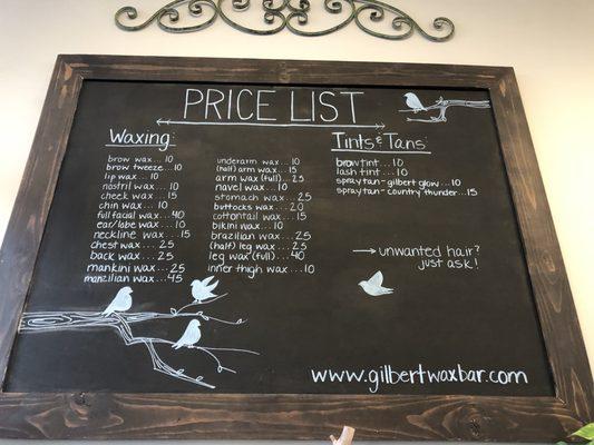 Price list that I was encouraged to take a picture of.