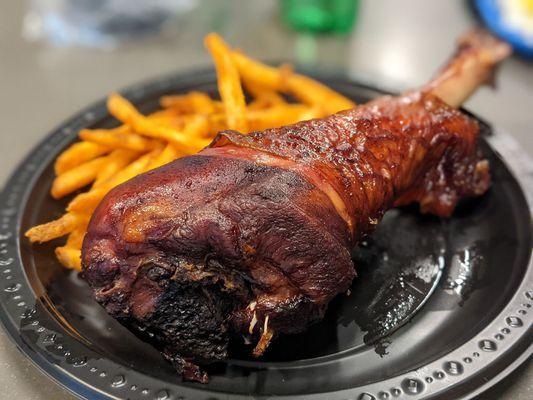 Turkey leg with fries, so appropriate for Jurassic Park theme