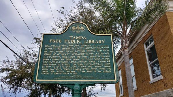 The marker in front of the Old Tampa Free Public Library