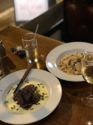 Steak tips and chicken carbonara