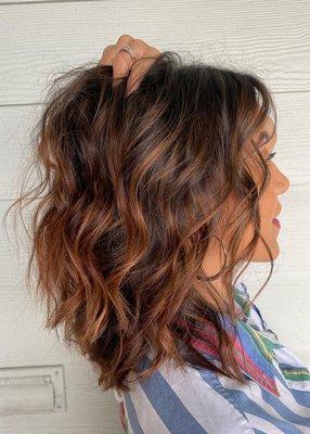 Artist Cameron- gold/copper balayage with a layered haircut