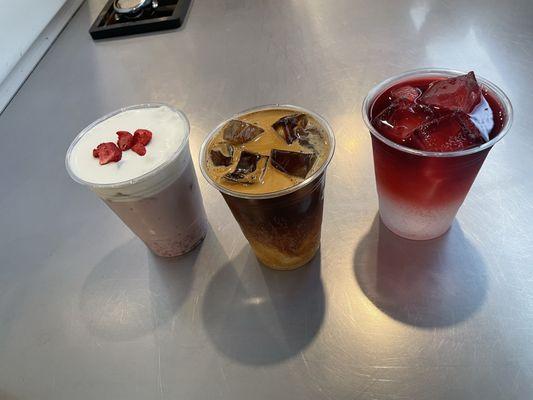 Strawberry cloud, citrus espresso tonic, hibiscus tonic