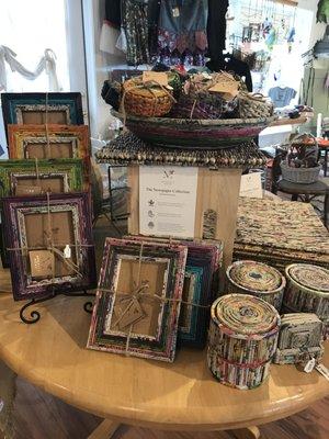 paper!  coasters, placemats, picture frames, ornaments.  Upcycled from newspapers, and magazines.