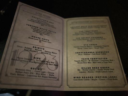 Drink menu for Ghost Stories show; Beers are available too