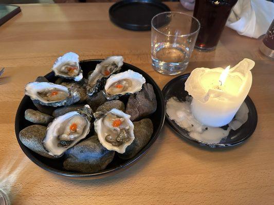 JUDD COVE OYSTERS ON THE HALF SHELL, MATIA HOT SAUCE