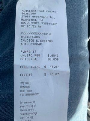 Receipt for gasoline $3.85 seems high!