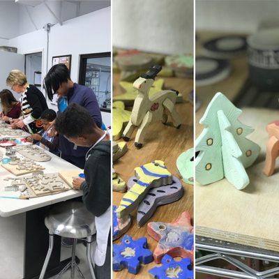 Kid's Ornament Class. Lots of choices for ornaments and the littles also stamp their names into some of the ornaments.