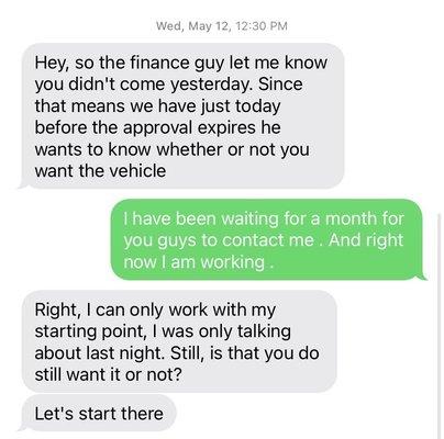 A conversation with one of the sales man that was trying to help . But some proof that they contacted me days before my expired approval .