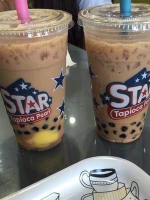 Milk tea with pudding and boba; milk tea with boba.. My only place for boba when in the area