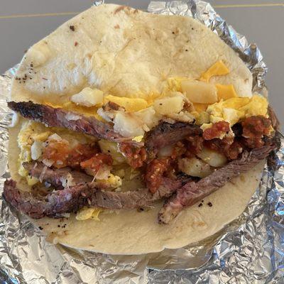 Brisket, Egg & Cheese Taco add Potatoes