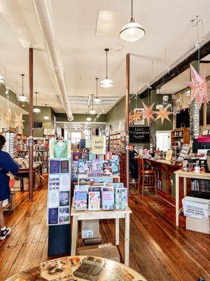 Once inside the shelves are stacked with new and used books. There's even a coffee/wine bar.