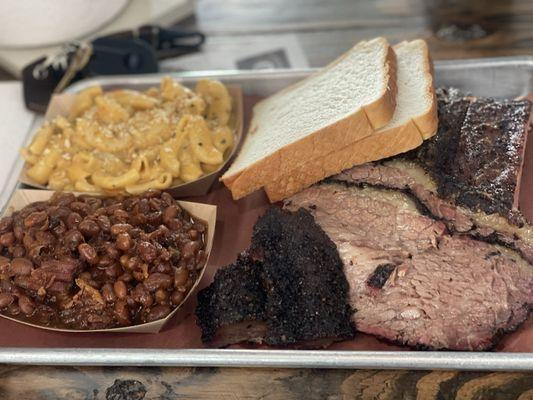 Smoked Mac N Cheese, Smoked Beans, Brisket Burnt Ends, sliced smoked brisket point, smoked St. Louis cut spare ribs