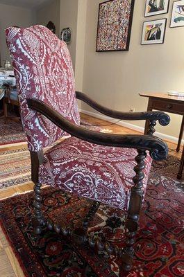 Reupholstered chair, side view