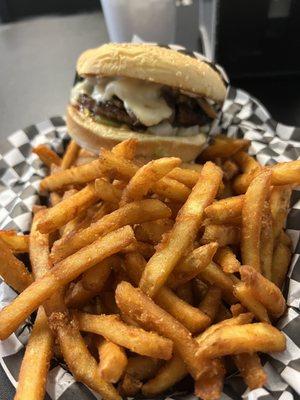 Mushroom Swiss with seasoned fries