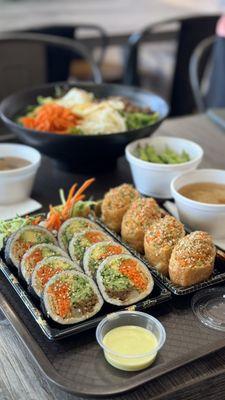 bibimbap, edamame, vegetable kimbap, veggie inari, miso soup