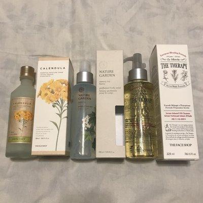 Calendula Toner ($20-21?), Nature Garden (Lily Scent) Body Mist ($20), and The Therapy Oil Cleanser ($33)