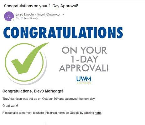 1 Day APPROVAL! WOW!